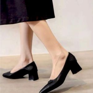 Minimalist Point Toe Chunky Heeled Court Pumps, Black Elegant Solid Color Women'